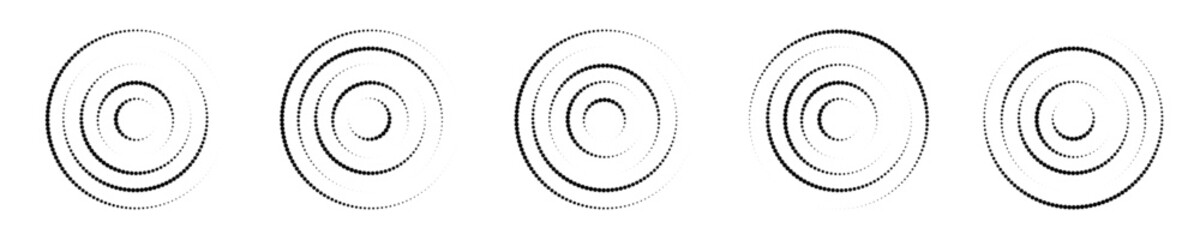 Circular ripple icons collection. Concentric circles with interrupted dotted lines isolated on white background. Vortex, radio or sonar wave, soundwave, sunburst, signal signs