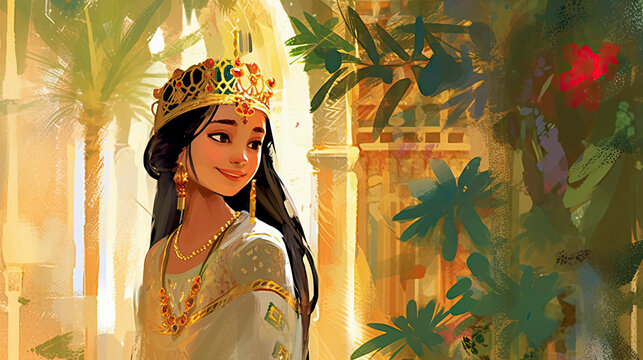 Colorful painting portrait art of the biblical Queen Esther of Persia. Christian illustration. Generative AI.