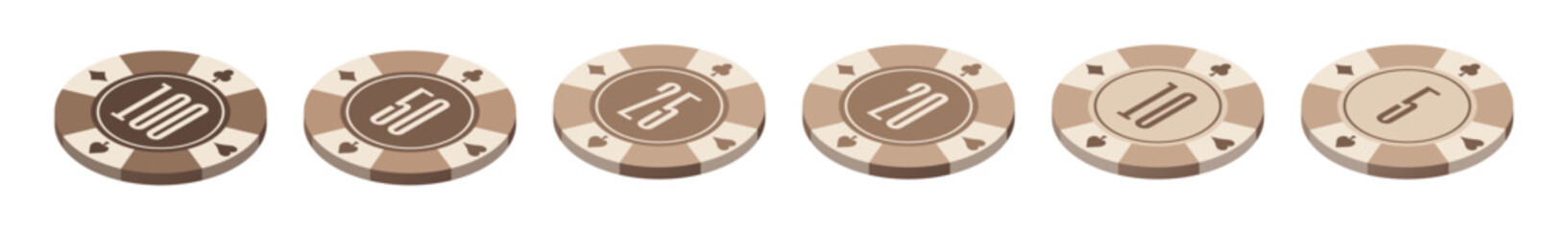  Set of isometric brown casino poker chips with numbers. Isolated vector and PNG illustration on transparent background.