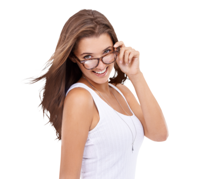 Glasses, face and a happy woman with a smile isolated on a transparent, png background for secret. Young female model person from Canada peering over fashion frame for vision, eye care and style