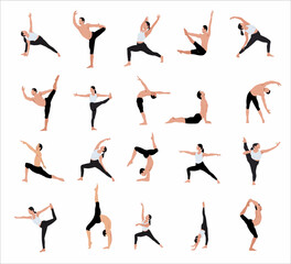 Young people doing yoga and fitness. Healthy Lifestyle. A collection of female and male cartoon characters showing various yoga positions, isolated on a white background - vector