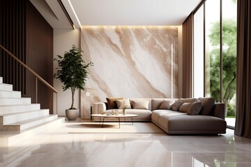 Luxury Living White Marble Floor Tile in Brown Wall Hall. Generative AI