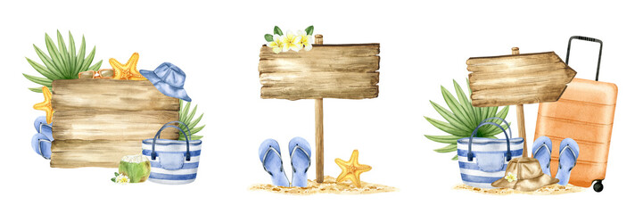 Set of wooden signboards.Wood board with beach flip-flops, bag, panama hat, travel suitcase, sand and palm leaf.Summer vacation.Watercolor illustration.Isolated.For postcards, marketing, invitations.