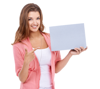 Poster mockup, portrait and woman pointing isolated on transparent, png background for career news or information. Face of model or creative person advertising, mock up space or project presentation