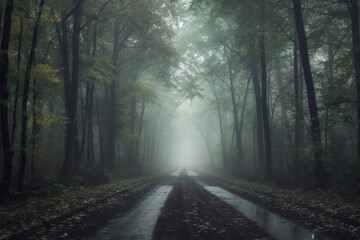 Obraz premium Illustration of wet road in woods and some fog