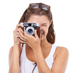 Face, photographer woman and camera lens for picture isolated on a transparent, png background. Female model person with photography zoom for creativity and shooting for hobby, portrait or career