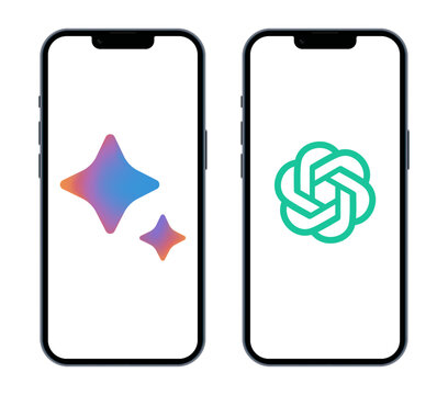 Set of Smart phones Apple iPhone 14 with OpenAI ChatGPT and Google Bard Chatbot icons in screen, on white background. Realistic vector illustration