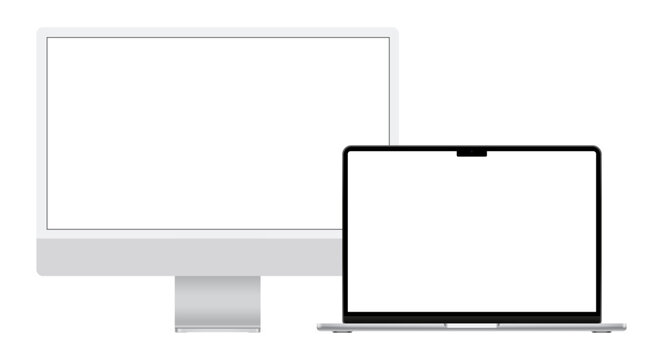 Set of Apple gadgets and devices: MacBook 14 Pro and iMac, on white background, realistic vector illustration
