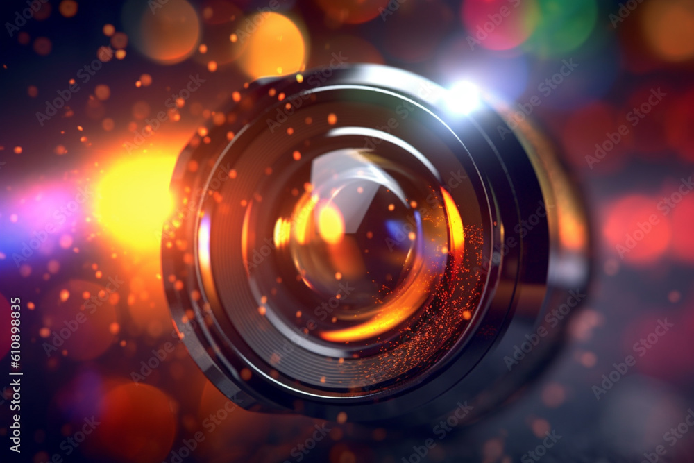 Poster  An abstract photograph of light passing through a camera lens, creating beautiful lens flare and bokeh effects.  Generative AI technology.