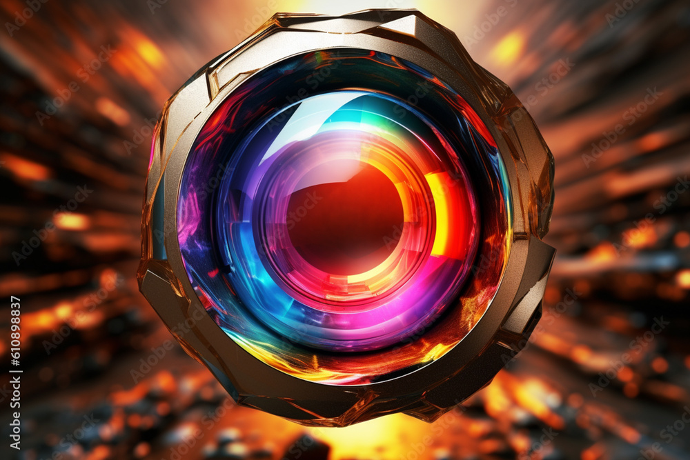 Poster a conceptual illustration of a camera lens transforming into a portal, symbolizing the power of phot