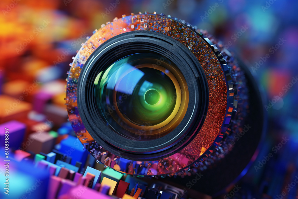 Poster a close-up shot of a photographer's eye looking through the viewfinder of a camera with a prominent 