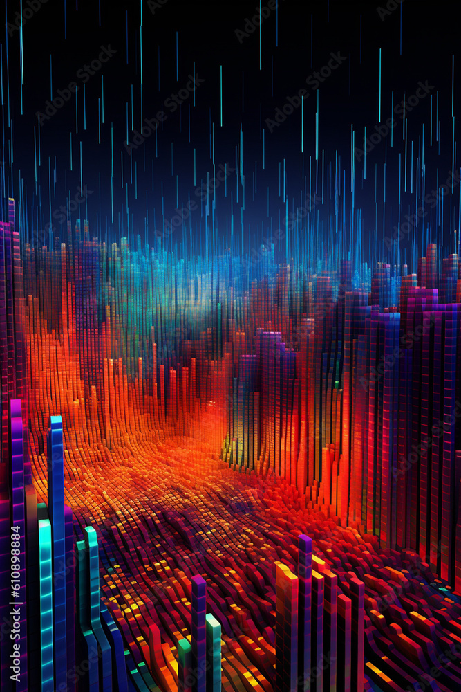 Poster An abstract digital illustration of stock market chart lines, with vibrant colors and geometric shapes, representing the volatility and complexity of financial data.  Generative AI technology.