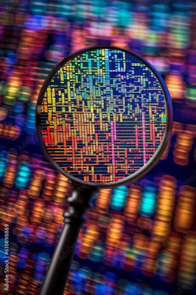 Poster a composite image of a magnifying glass zooming in on specific areas of a stock market chart, highli