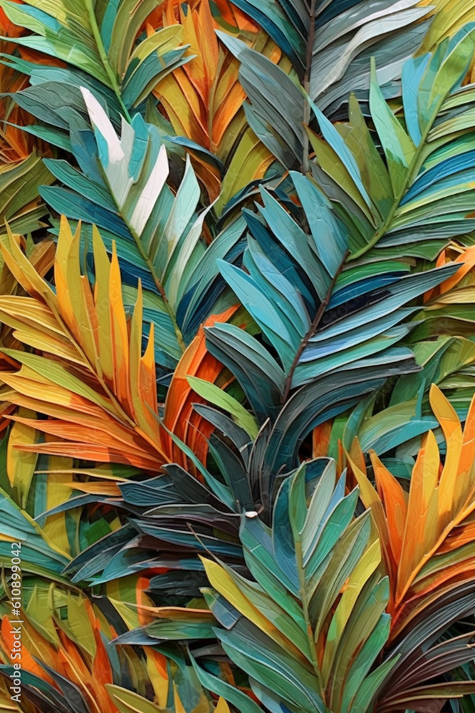Wall mural a mixed media collage of abstract palm leaves created with cut-out papers and textured materials, ad