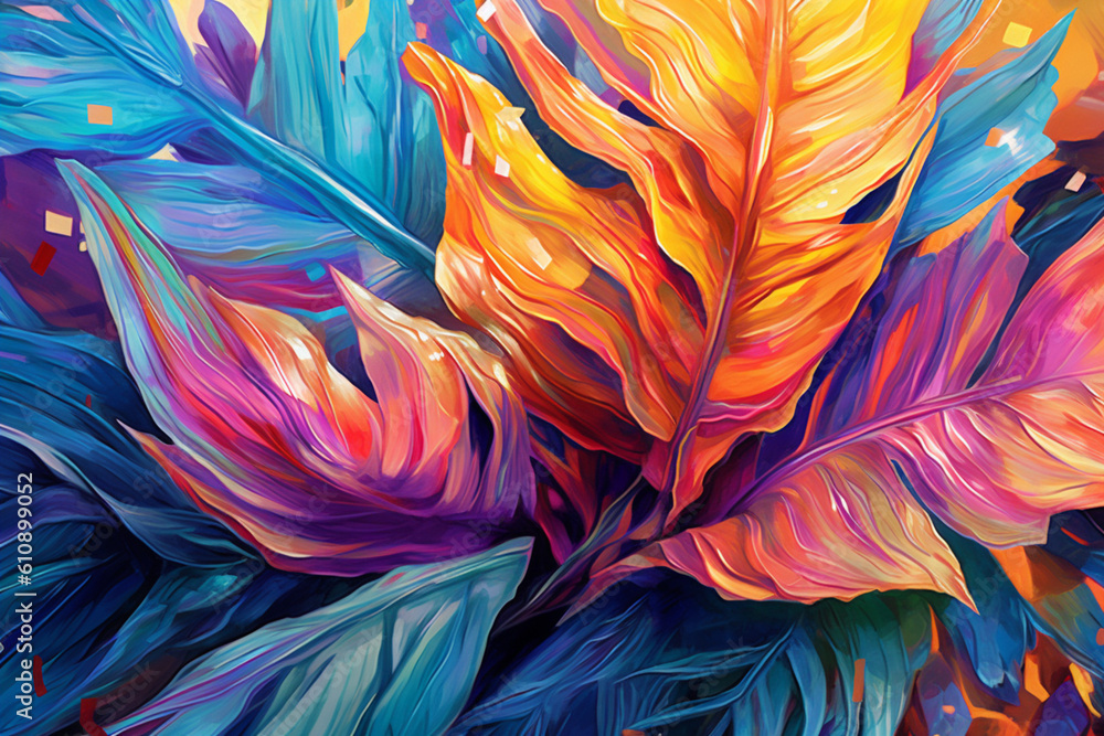 Poster  An artistic representation of abstract palm leaves created using fluid acrylic pouring techniques, resulting in mesmerizing patterns and organic shapes.  Generative AI technology.