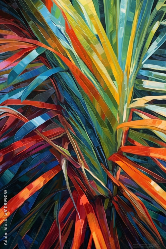 Poster  An abstract painting of palm branches using expressive brushstrokes and a vibrant color scheme, capturing the essence of movement and vitality.  Generative AI technology.