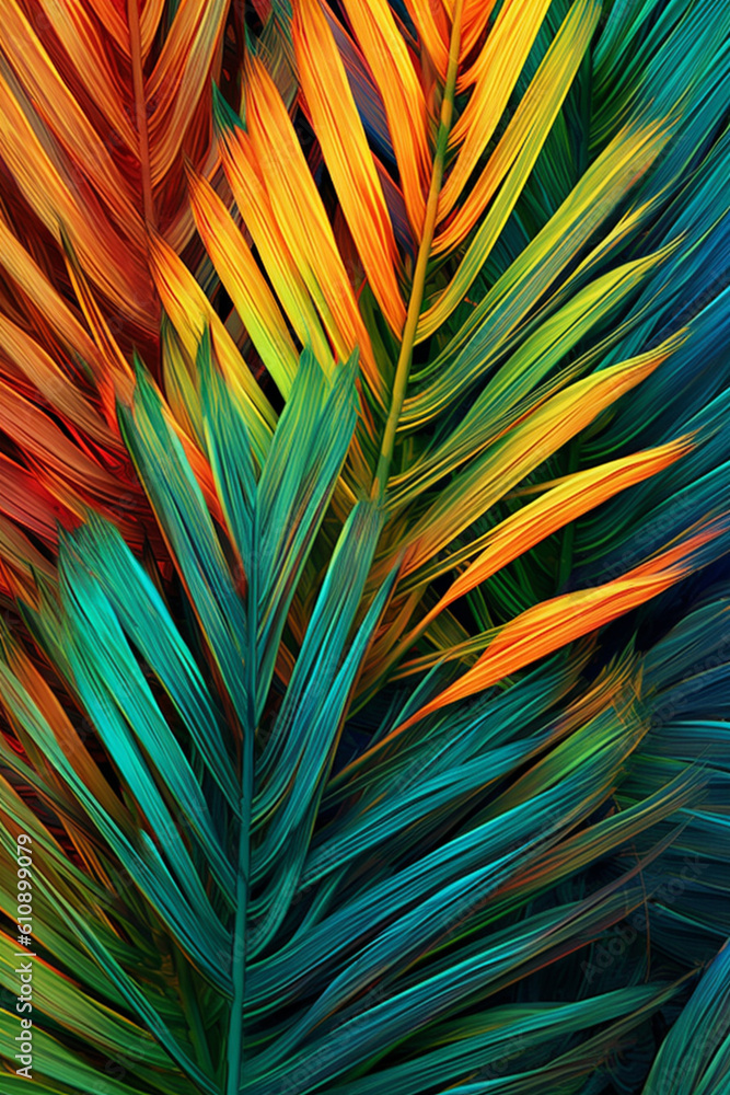 Fototapete  A digital manipulation of abstract palm leaves transformed into a kaleidoscopic pattern, representing the complexity and diversity of nature.  Generative AI technology.