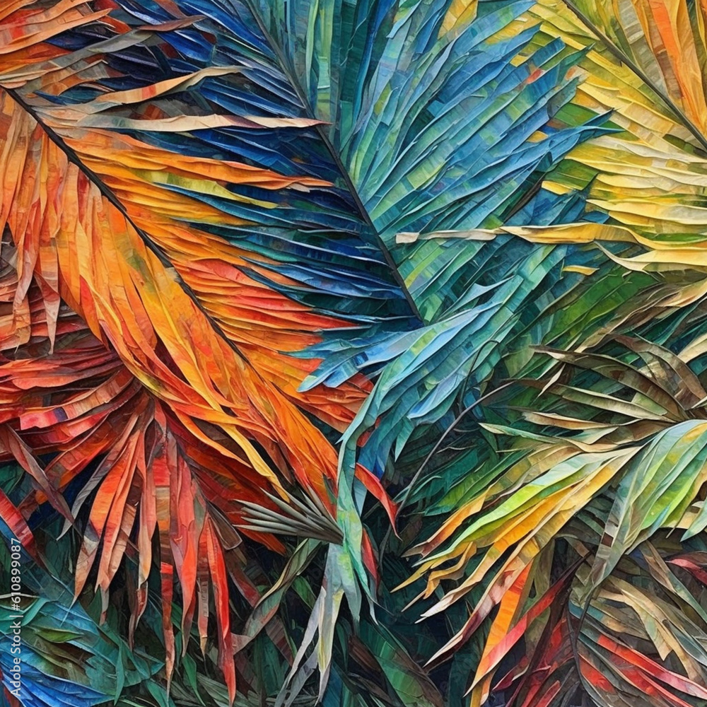 Aufkleber  An abstract mixed media artwork of palm branches created with layers of acrylic paint, collage materials, and textured mediums, adding depth and visual richness. Generative AI technology.