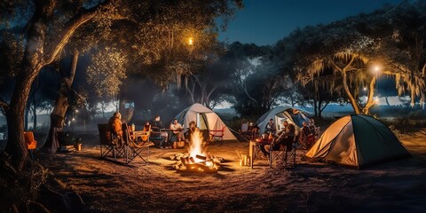 AI Generated. AI Generative. Evening camping party bonfire camp fire. Adventure vacation team bulidng party friends vibe. Graphic Art Illustration