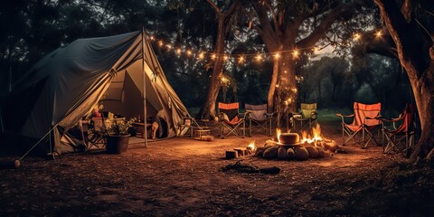 AI Generated. AI Generative. Evening camping party bonfire camp fire. Adventure vacation team bulidng party friends vibe. Graphic Art Illustration