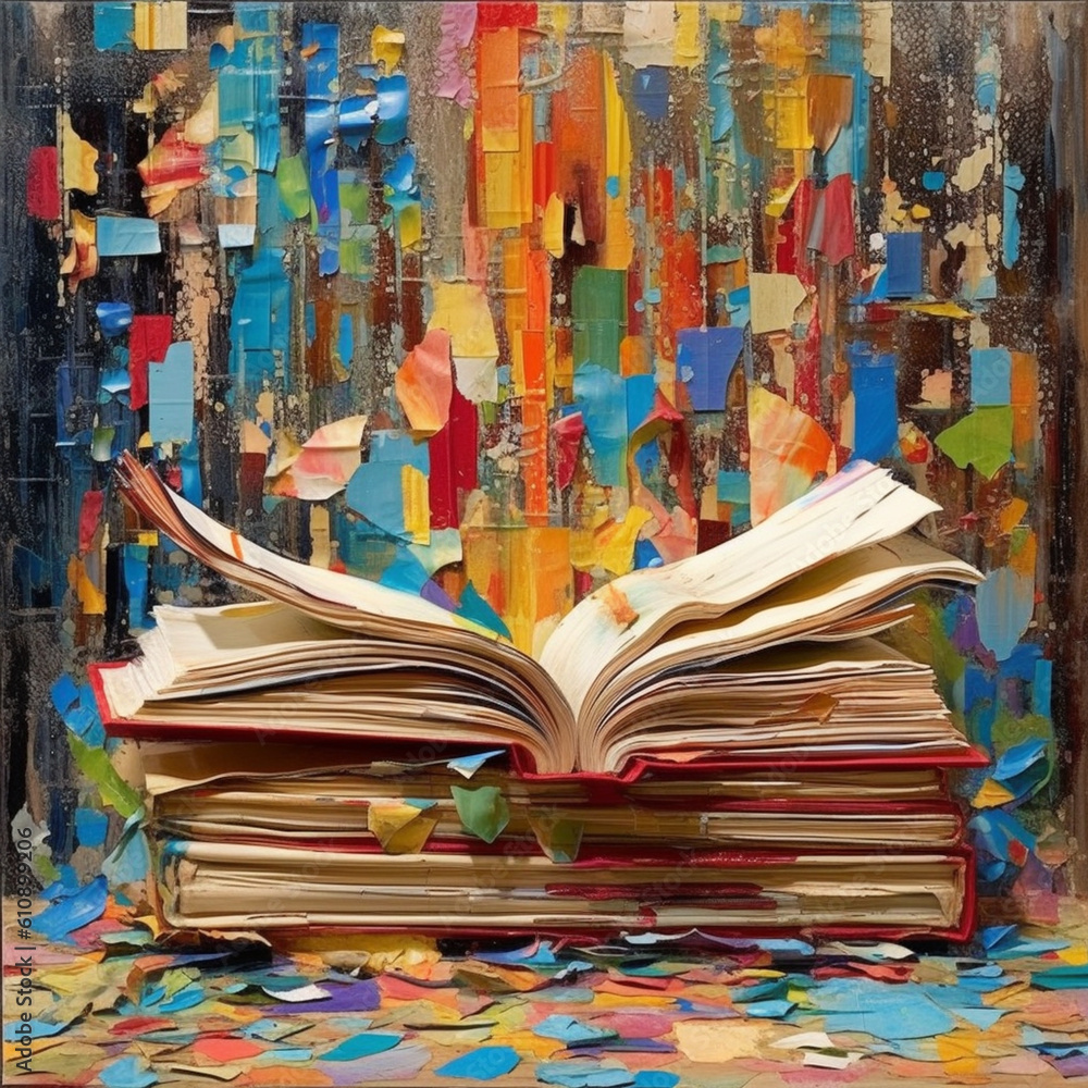 Fototapete a mixed-media artwork combining abstract painting techniques with actual pages from books, blending 