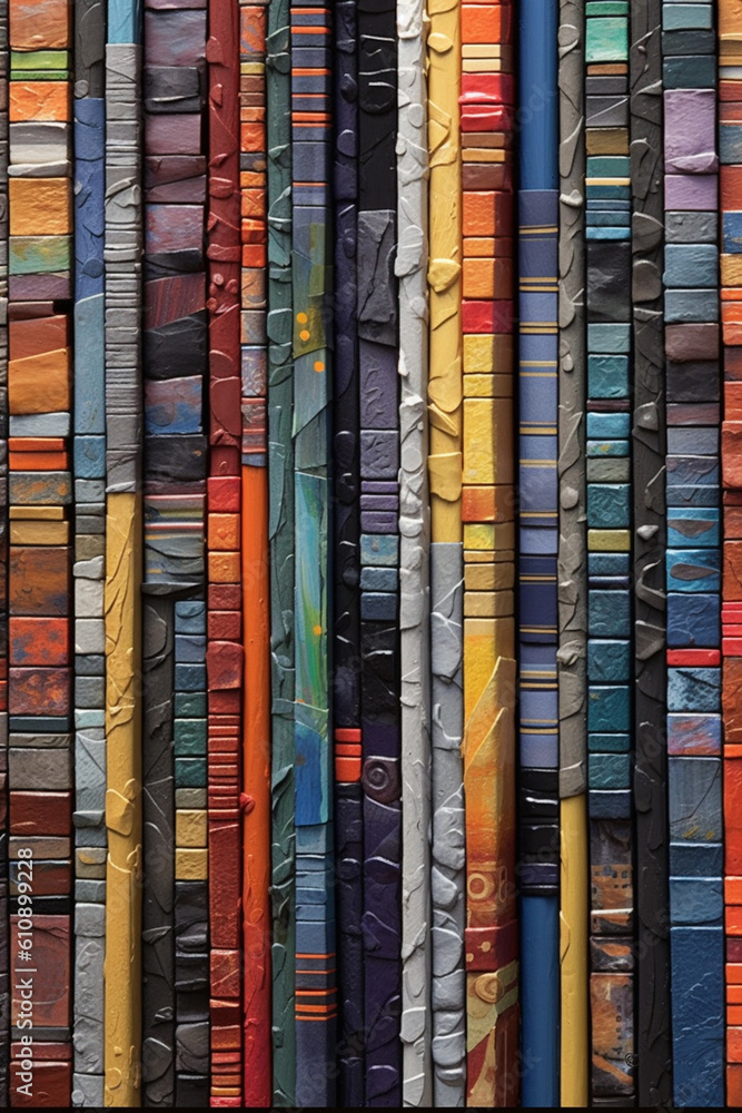 Poster a mixed-media collage of abstract book spines arranged in a dynamic composition, each spine reflecti