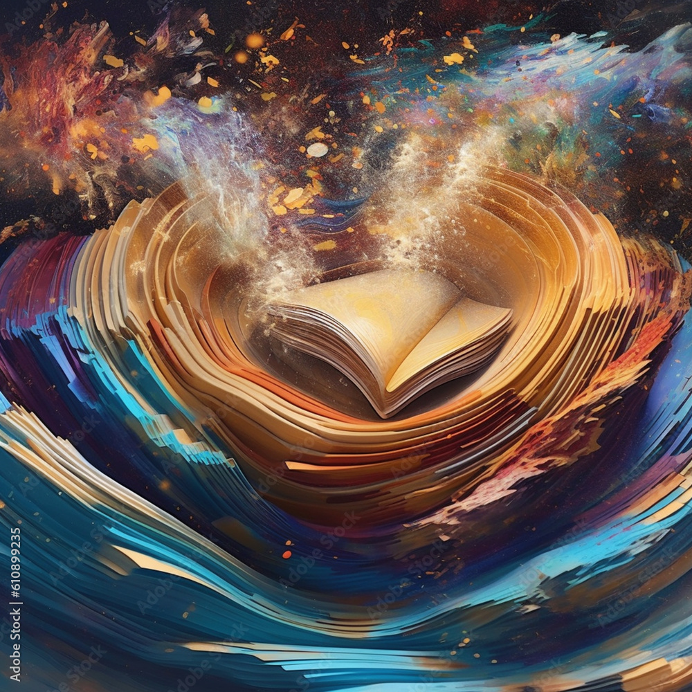 Poster a digital artwork featuring a swirling vortex of abstract book pages, symbolizing the immersive and 