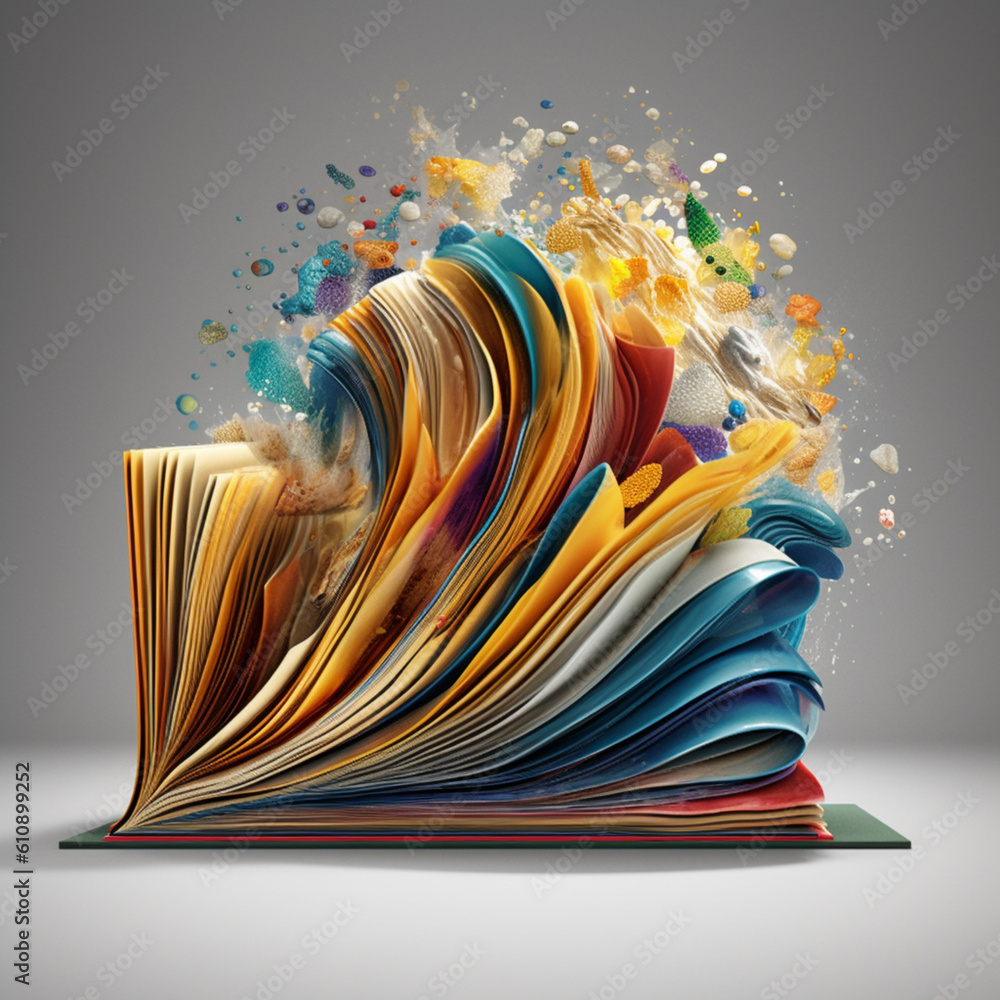 Poster an artistic representation of an abstract book with pages unfurling like a wave, symbolizing the dyn