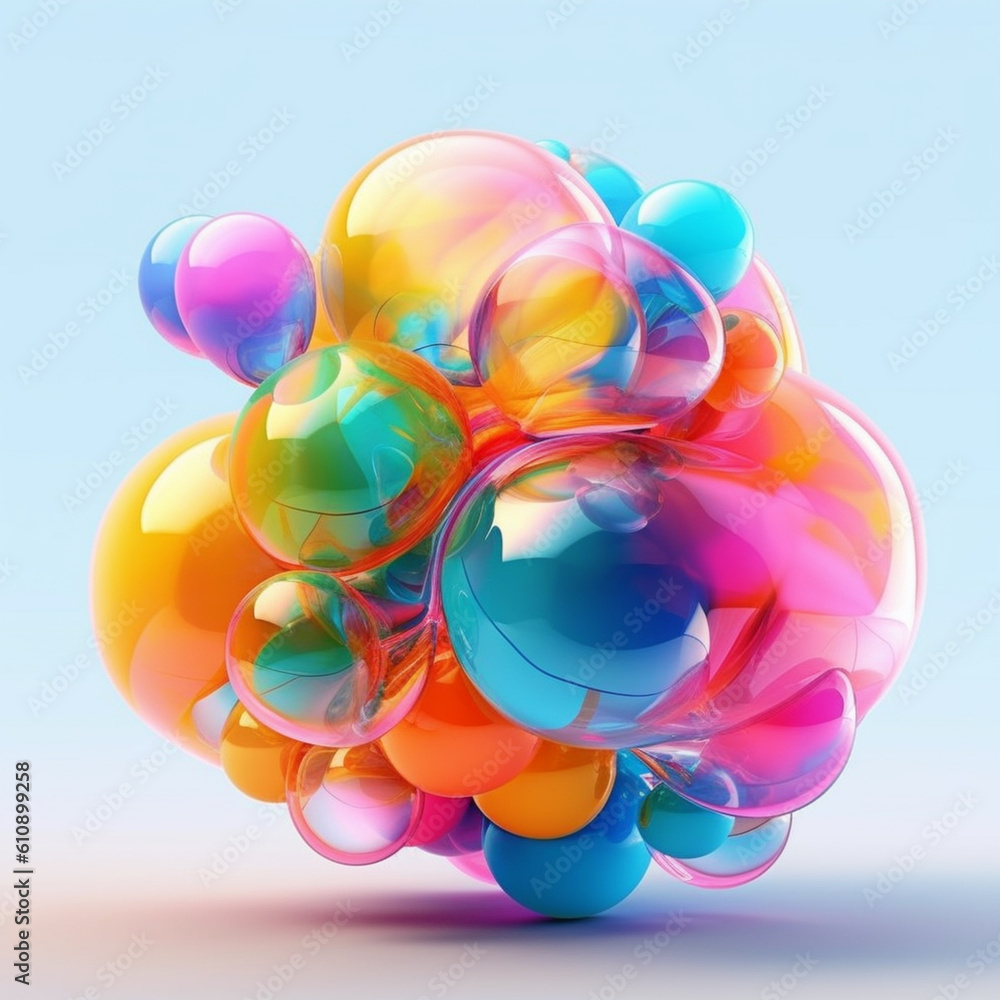 Poster an artistic representation of abstract balloons in the form of transparent spheres filled with vibra