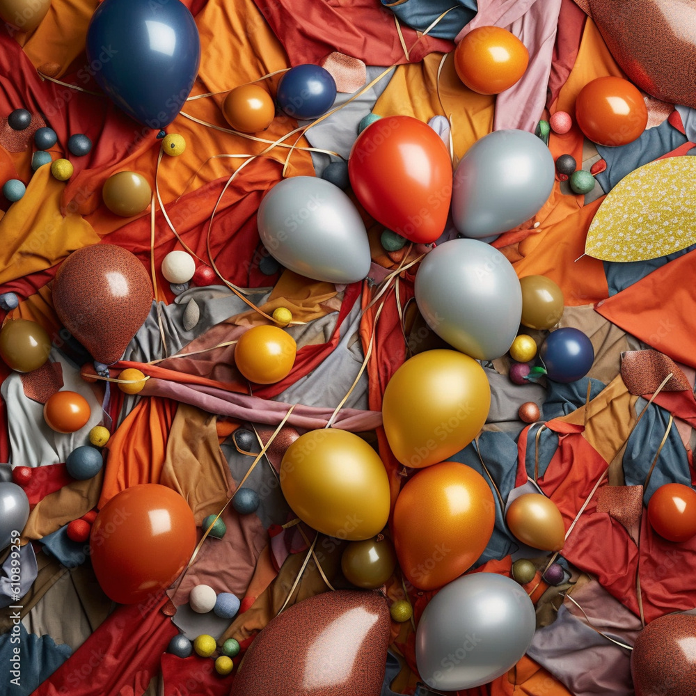 Aufkleber A mixed-media collage of abstract balloons made from various materials, such as paper, fabric, and metallic elements.  Generative AI technology.