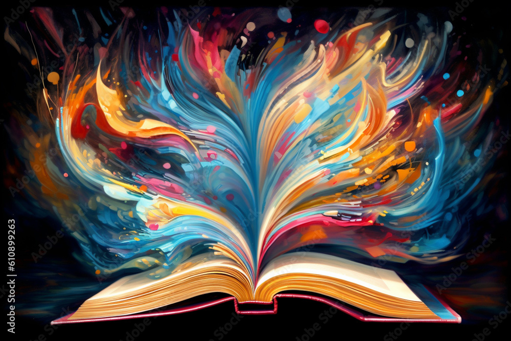Fototapete  An abstract painting of an open book with swirling colors and patterns emanating from its pages, capturing the energy and vitality of ideas and narratives.  Generative AI technology.