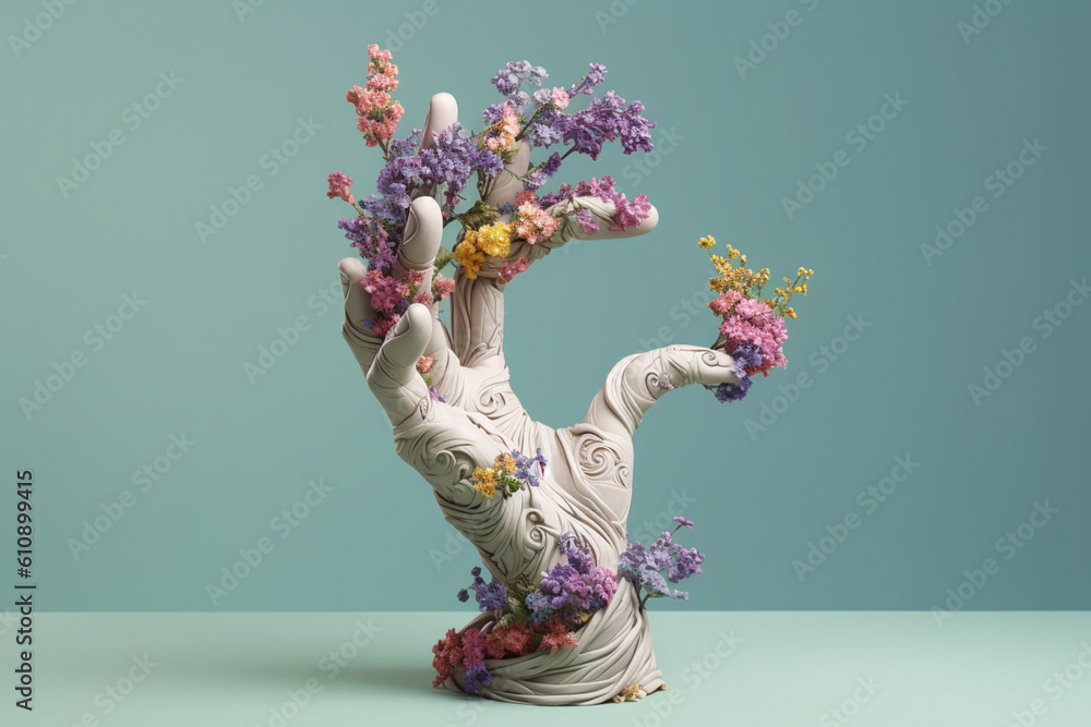 Poster an abstract sculpture of an open hand, with delicate vines or flowers growing from it, representing 