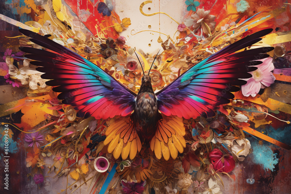 Poster a mixed-media artwork combining uplifting symbols, such as butterflies or birds, with vibrant colors