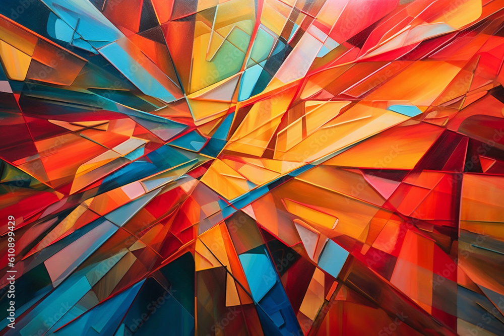 Poster an abstract painting featuring intersecting lines and geometric shapes in vibrant colors, creating a