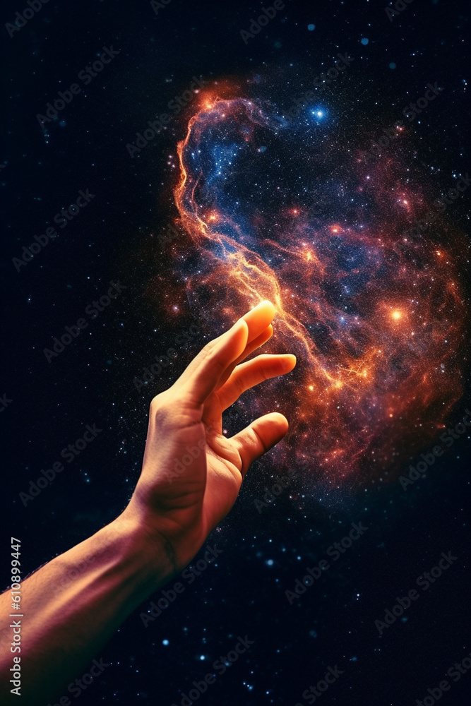 Poster  A captivating photograph of a person reaching out towards a galaxy, as if trying to touch the stars.  Generative AI technology.