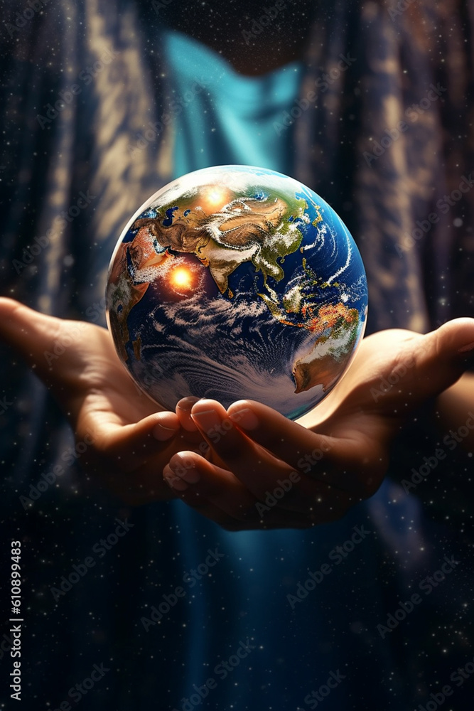 Poster an artistic representation of a person holding the earth in their hands, surrounded by celestial obj