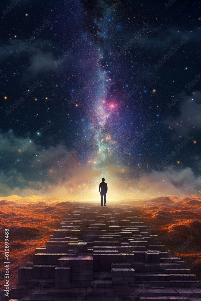 Poster  A digital composition featuring a person standing on a floating platform amidst a field of stars.  Generative AI technology.