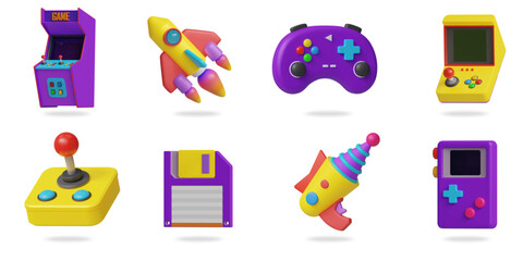 Retro game console 3D vector icon set.
arcade game,spaceship,joystick,gamepad,miniconsole,disk,space gun