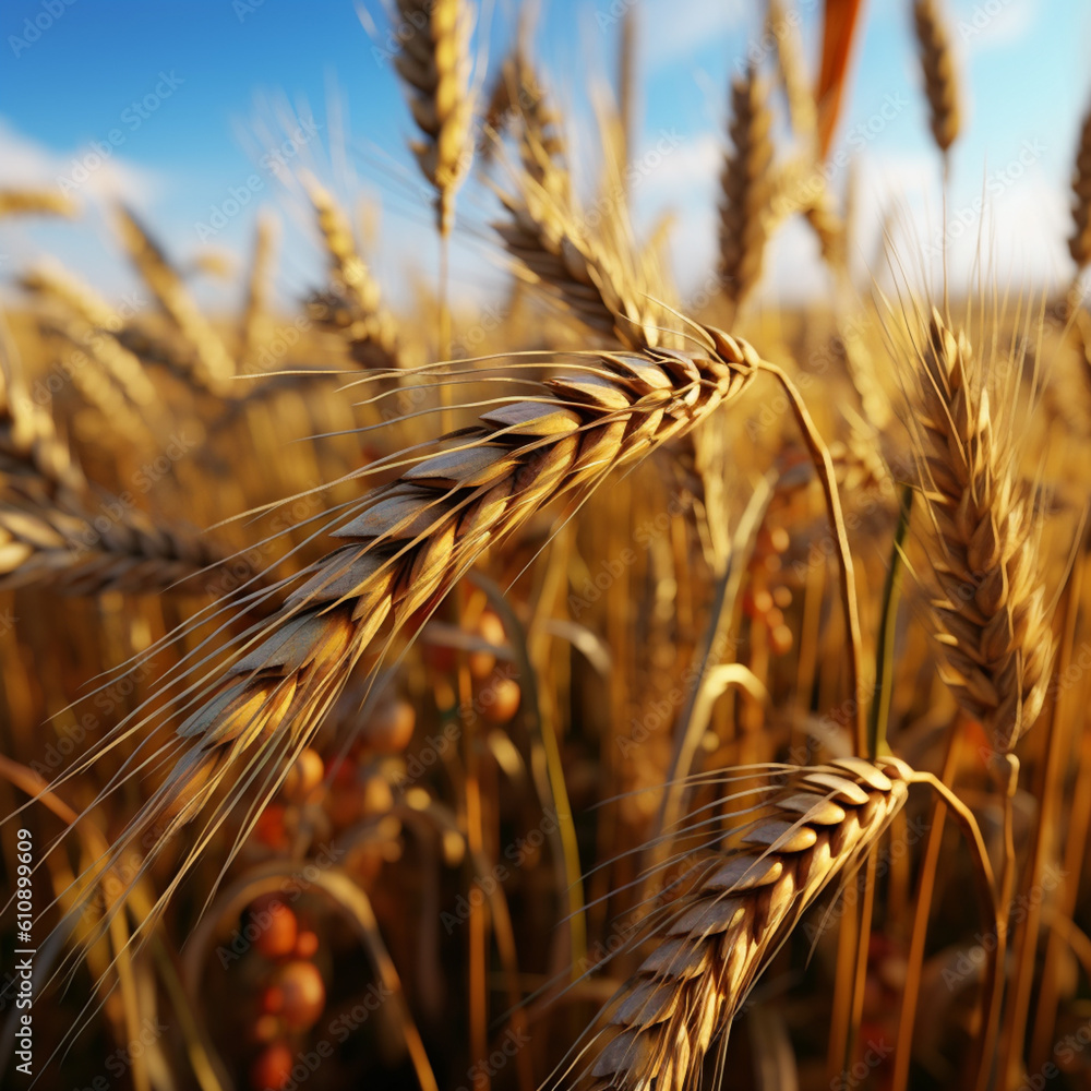 Aufkleber   close-up image of wheat ears gently swaying in the wind, evoking a sense of calm and tranquility.  Generative AI technology.
