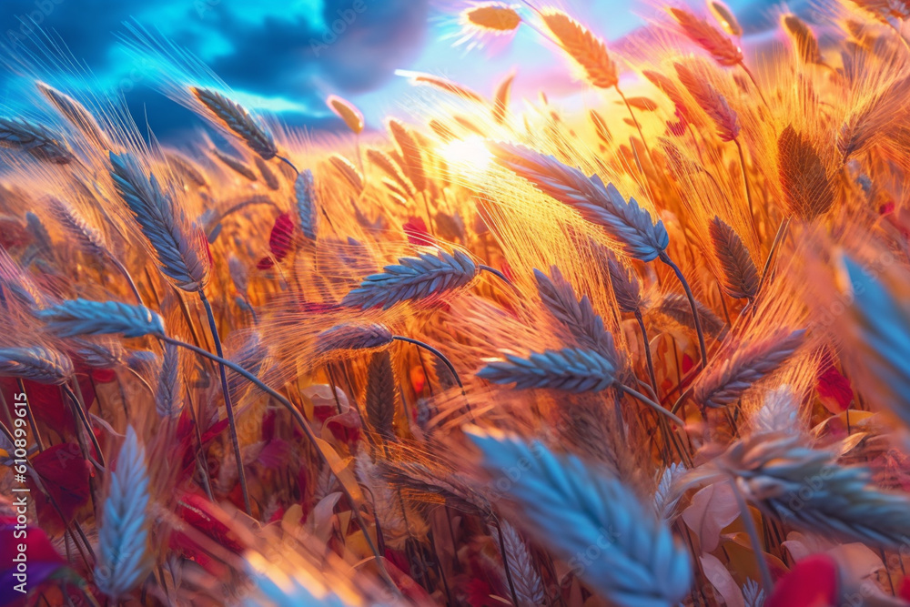 Poster a digitally manipulated image of a field of wheat ears in vibrant and surreal colors, creating a dre