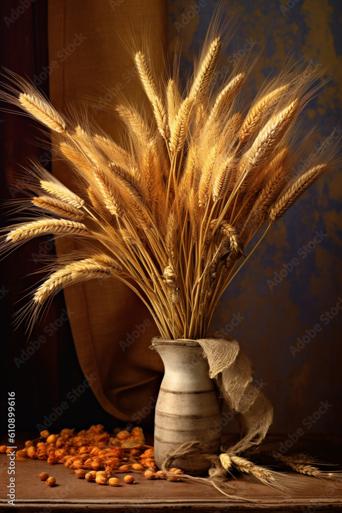 Aufkleber a still life photograph of a bouquet of dried wheat ears, creating a warm and rustic ambiance. gener