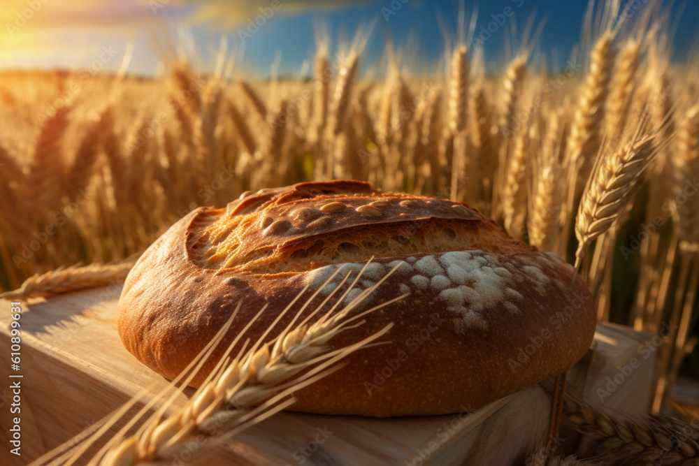 Aufkleber an image of a freshly baked loaf of bread surrounded by wheat ears, emphasizing the journey from gra