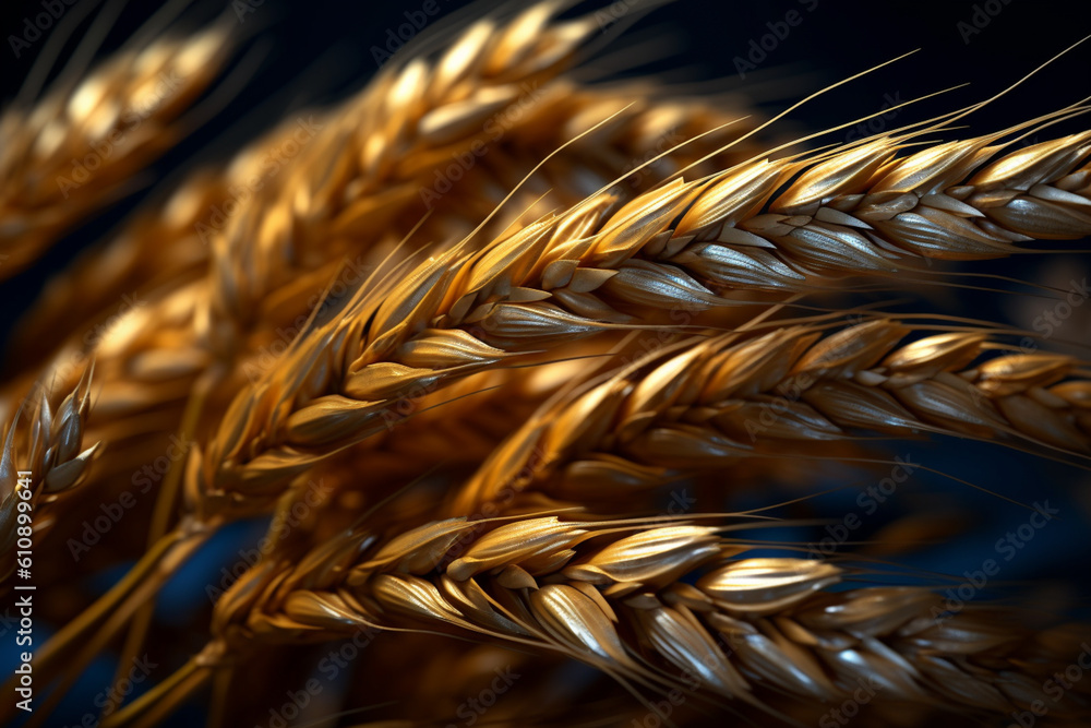 Aufkleber A macro photograph of wheat ears against a dark background, focusing on the intricate details and textures of the grain.  Generative AI technology.