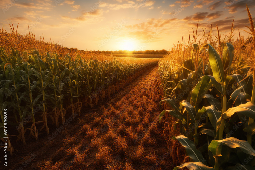 Poster a high-quality image of a maize field during sunset, with rows of tall corn stalks swaying in the ge