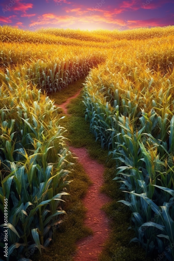 Poster a conceptual artwork of a maize cornfield transformed into a colorful maze, inviting viewers to expl
