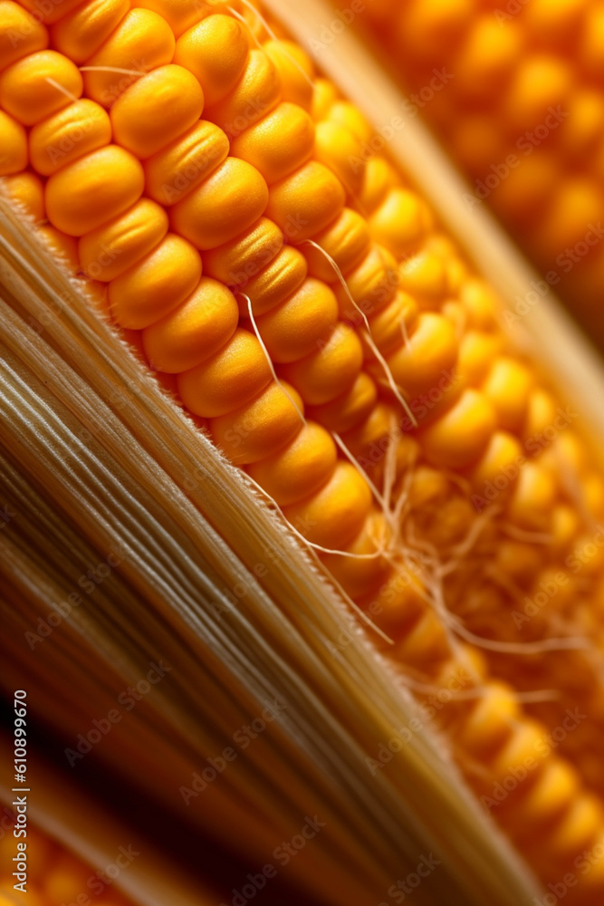 Aufkleber  A macro photograph of maize corn silk, capturing its delicate strands and golden hue, adding a touch of elegance to the image.  Generative AI technology.