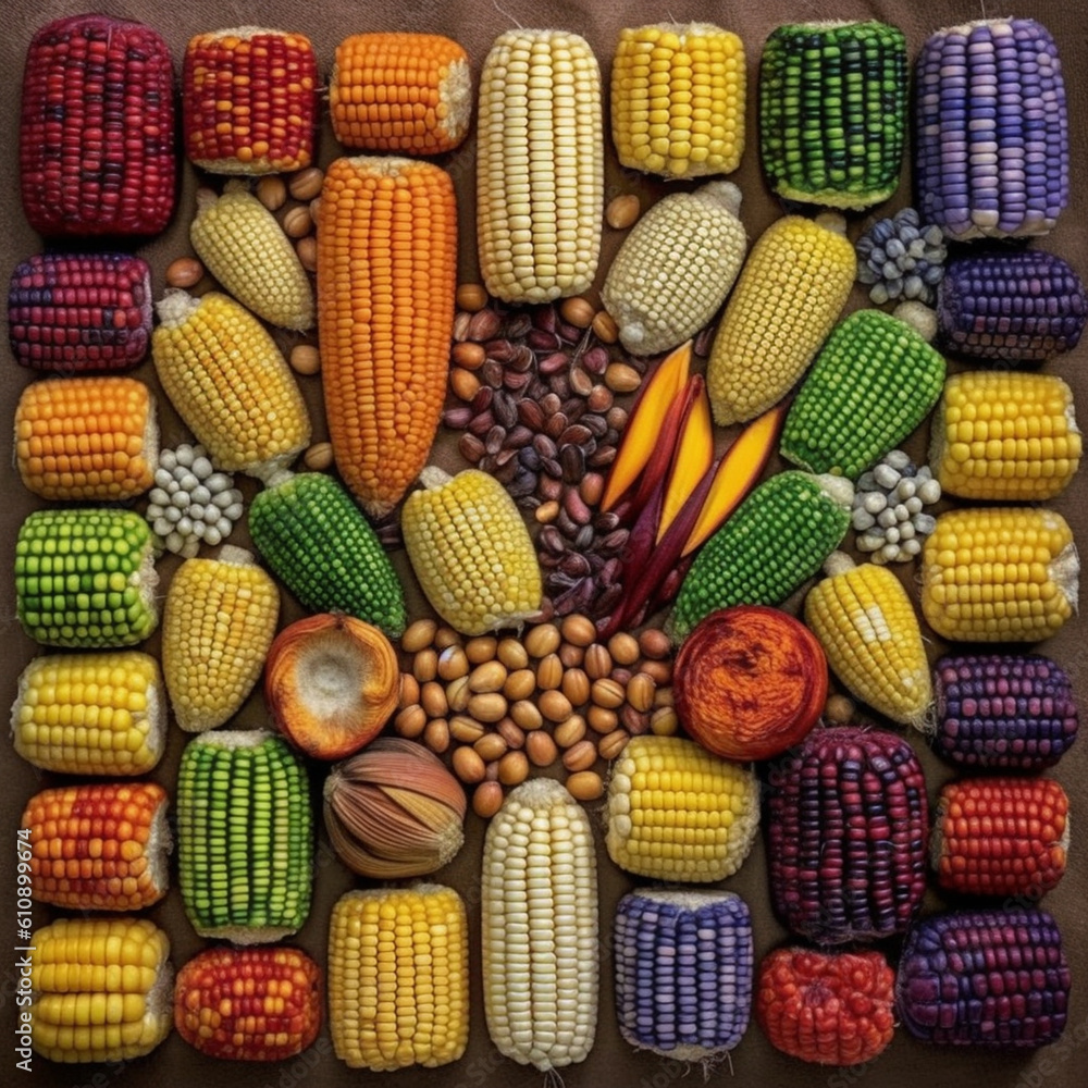 Aufkleber An overhead shot of a farmer's market stall displaying an array of colorful maize corn varieties, showcasing the diversity and beauty of this crop.  Generative AI technology.