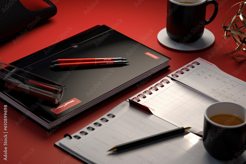 Leinwandbilder a black and red month lined desk calendar with handwritten notes and reminders, representing effecti