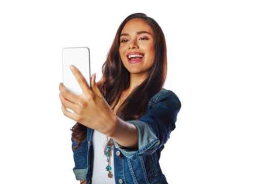 Selfie, beauty and happy young woman isolated on transparent, png background for social media photography. Video, content creation and model, influencer or person profile picture, makeup or cosmetics