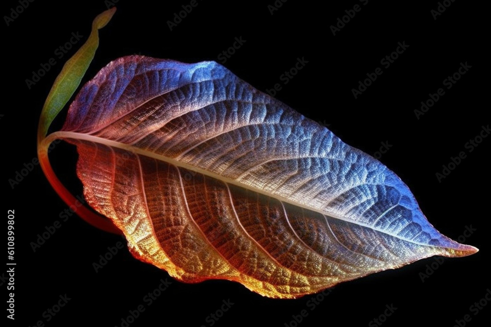 Poster  An abstract photograph of a leaf taken from an unconventional angle, emphasizing its unique shape, shadows, and textures.  Generative AI technology.